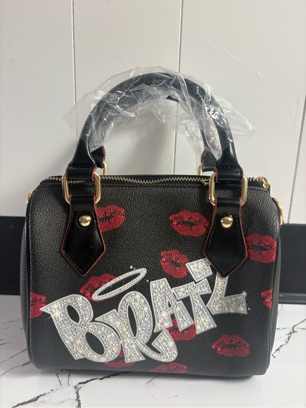 Black Kiss-Print Satchel with Glitter Logo